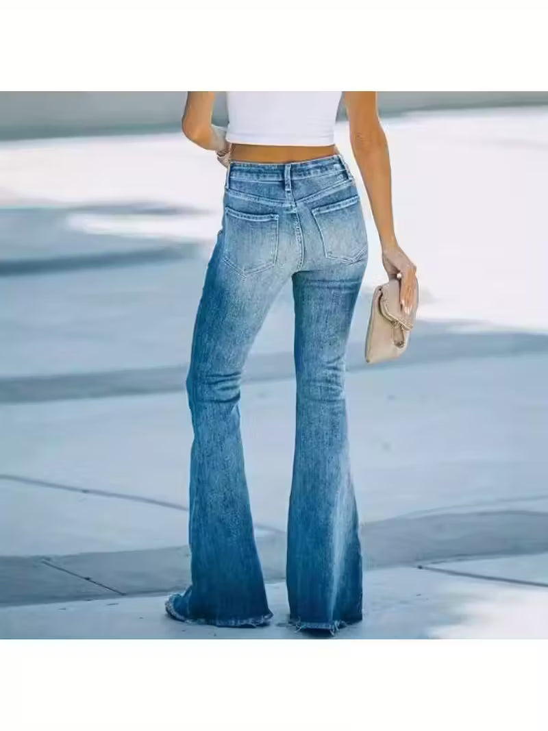 Women'S High-Waisted Flared Stretch Jeans - Slim Fit Bell Bottoms with Adjustable Belt, 2025 Autumn New Style, Elegant Solid Color, Pockets & Factory Direct, High Waisted Jeans, Casual Wear, Flared Leg Jeans, Comfortable Jeans