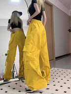 Y2K Style Women'S Cargo Pants - Stretchy Waist Wide-Leg Trousers with Large Pockets, Loose Fit Casual Outdoor & Leisure Wear, Solid Color, Versatile Trousers | Y2K Fashion Pants | Elastic Waistband Pants