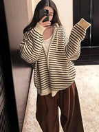 1pc Women's Oversized Striped Sweater Coat - Beige/Brown/White Horizontal Stripes Hooded Zipper Cardigan with Drawstring Collar, Relaxed Loose Fit Long Sleeve Coat for Spring & Fall, Machine Washable Casual Outerwear