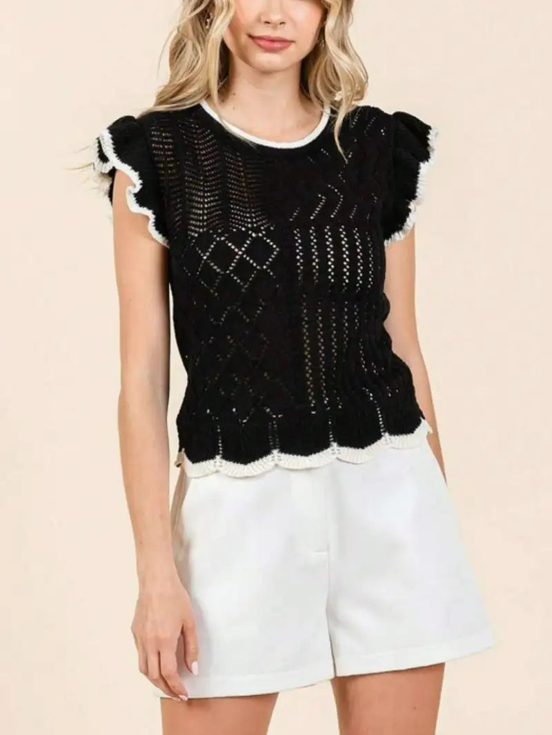 Womens Casual Knit Chic Contrast Ruffle Trim Diamond Pattern Sleeveless Crop Top Black White Scalloped Hem Round Neck Textured Summer Spring Party Evening Date Night Weekend