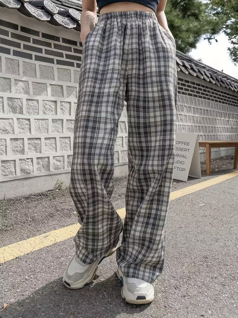 Plaid Elastic High Waist Pocket Pants, Casual Wide Leg Pants For Spring & Fall, Women's Clothing