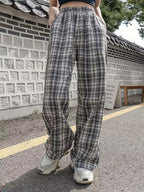 Plaid Elastic High Waist Pocket Pants, Casual Wide Leg Pants For Spring & Fall, Women's Clothing