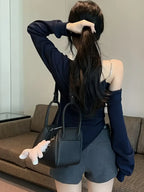 Dopamine Long-Sleeve V-Neck Top for Women, Vintage Pure Desire Sexy Off-Shoulder Asymmetrical Fitted with Pleats