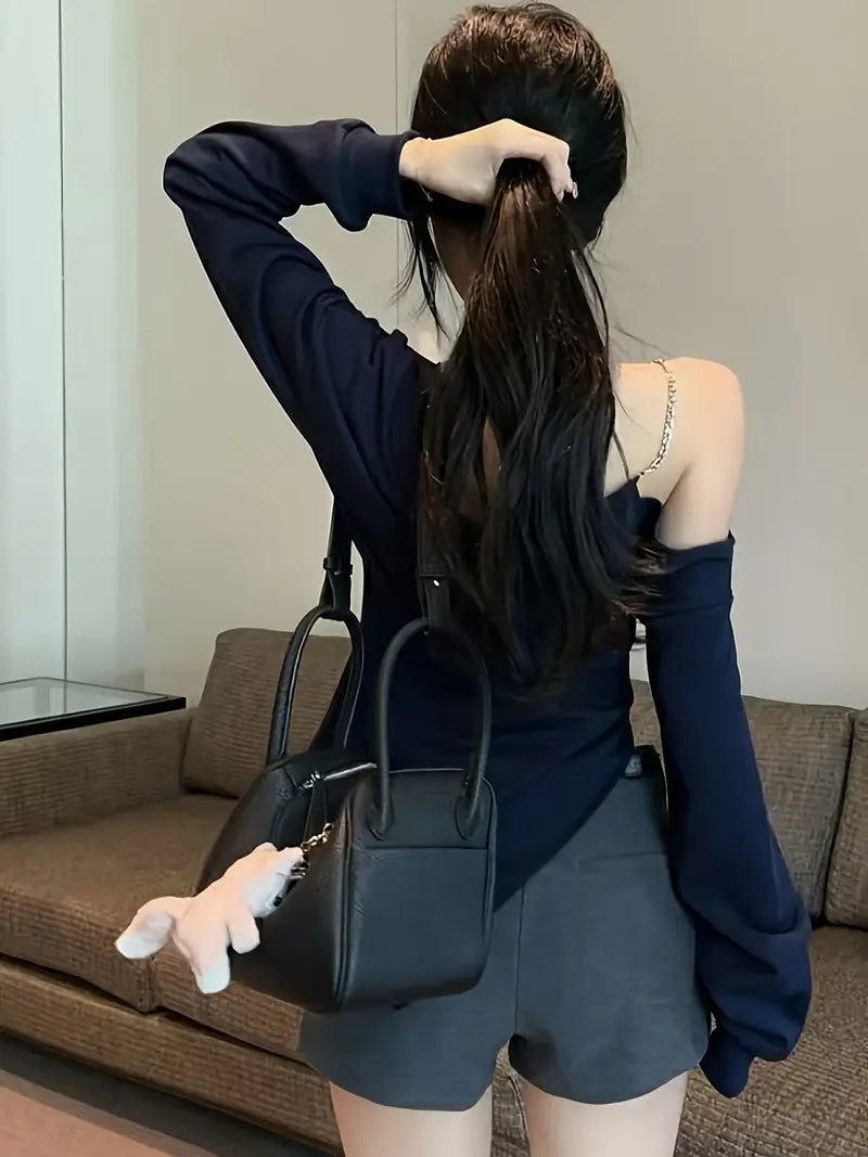 Dopamine Long-Sleeve V-Neck Top for Women, Vintage Pure Desire Sexy Off-Shoulder Asymmetrical Fitted with Pleats