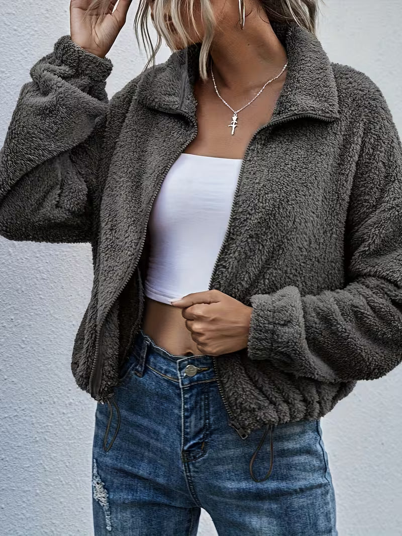 Grey Stand-up Collar Coat For Women, Loose Zipper Cardigan For Autumn And Winter, Short Thick And Warm Plush Top, Dress, Elegant, Winter, Long Dress, Winter Jacket, Sweater, Pullover, Autumn And Winter Set, Halloween, Christmas