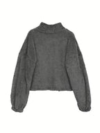 Grey Stand-up Collar Coat For Women, Loose Zipper Cardigan For Autumn And Winter, Short Thick And Warm Plush Top, Dress, Elegant, Winter, Long Dress, Winter Jacket, Sweater, Pullover, Autumn And Winter Set, Halloween, Christmas