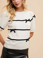 Womens Casual French Chic Bow Stripe Decorated Knit Top White Black Contrast Half Sleeve Round Neck Lightweight Elegant Spring Summer Office Work Wear Blouse