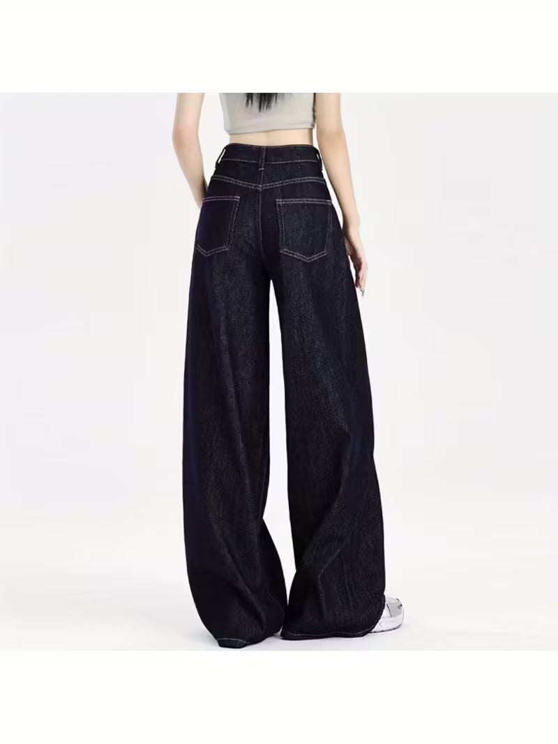 Women'S High-Waist Wide-Leg Jeans - Dark Blue Loose Fit Draped Denim Pants with Pockets, Relaxed American Style for Casual & Stylish Outfits, High Waisted Jeans, Comfortable Fashion, Durable Fabric
