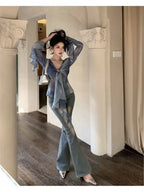 Women's French V-Neck Tie-Dye Blouse - Blue Ombre Long Sleeve Shirt with Ruffled Collar & Striped Pattern