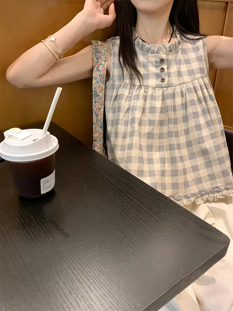 Women'S Sleeveless Blouse - Elegant Loose Fit Button-Front Shirt with Classic Checkered pattern, Non-See-Through Fabric for Casual & Formal Outfits - All-Season Everyday & Special Occasion Tops