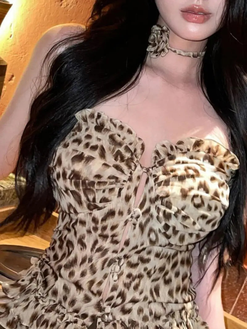 Women Summer Tube Tops Ruffles Hem Leopard Print Button Bandeau and Collar Set for Streetwear Aesthetic Grunge Clothes