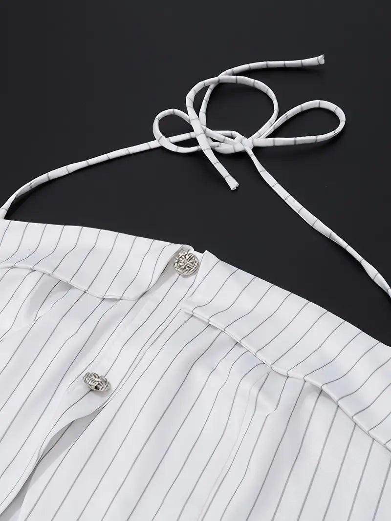 Women Stripe Tank Tops Buttons Slit Halter Neck Sleeveless Vests Summer Backless Short Tops Streetwear