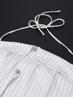 Women Stripe Tank Tops Buttons Slit Halter Neck Sleeveless Vests Summer Backless Short Tops Streetwear