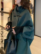Women's Japanese Korean Style Cape Coat - Elegant Mid-Length Winter Coat with Hood-like Collar, Long Sleeve Korean Hanbok-Inspired Outerwear, Pockets & Smooth- (No Padding) for Fall & Winter, Casual to Formal Events