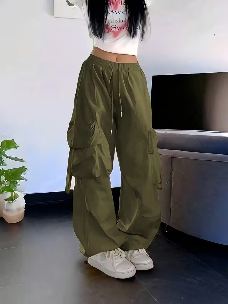 Loose straight leg work pants, casual Y2K pocket high waist solid wide leg fashion comfortable pants, Women's clothing