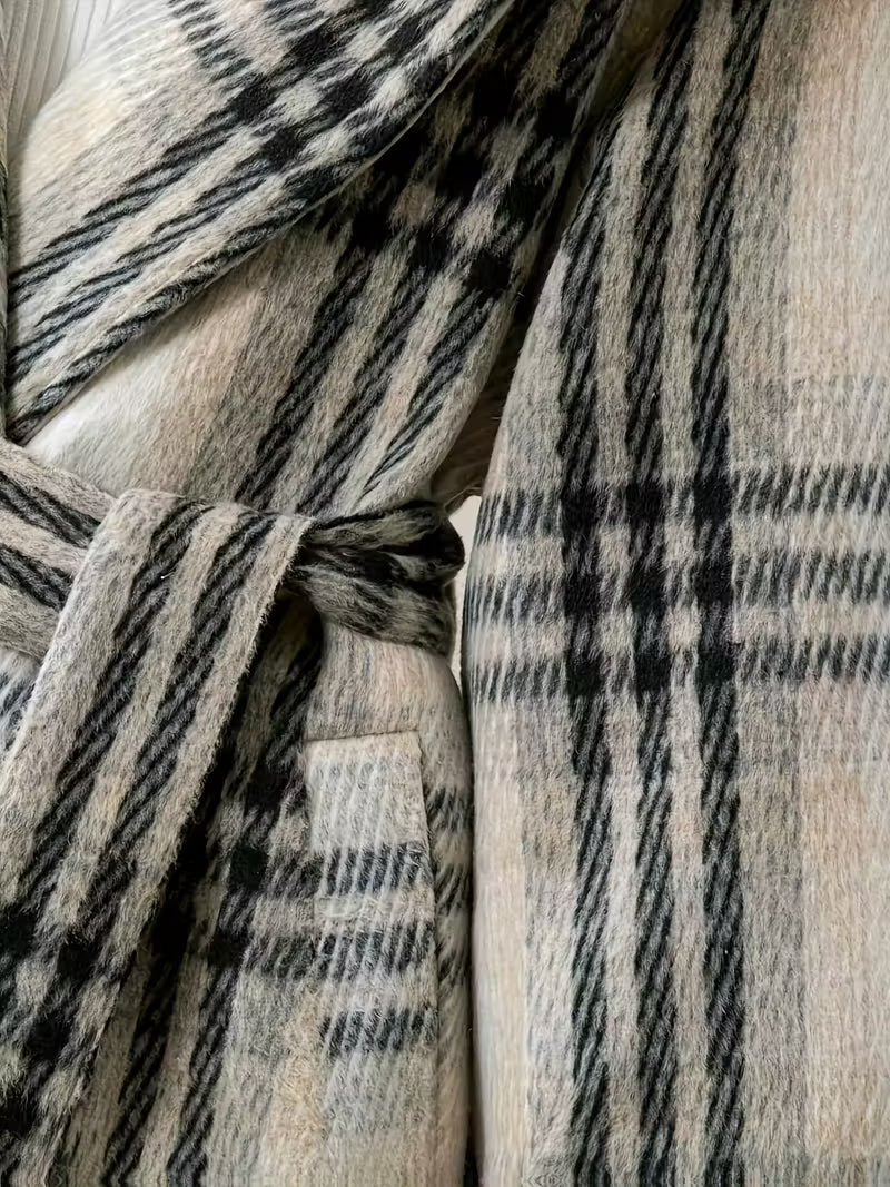 Women'S Korean-Inspired Navy Blue & White Gingham Checkered Tweed Coat - Autumn Winter Casual Chic Belted Waist Long Sleeve Coat with Pockets