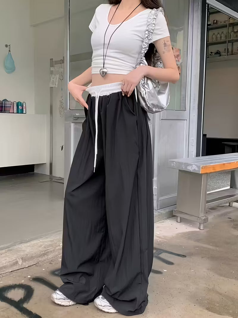 Stylish Color-Block High-Waist Elastic Waist Casual Wide-Leg Pants