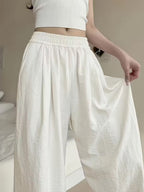 Women'S White Elegant Wide-Leg Pants - Comfortable and Stylish for Spring, Summer, and Fall, Casual Loose Fit, No Pocket Design, Perfect for Weekend Outings, Outdoor Leisure Wear | 100% Polyester Elastic Waist Adult Casual Trousers