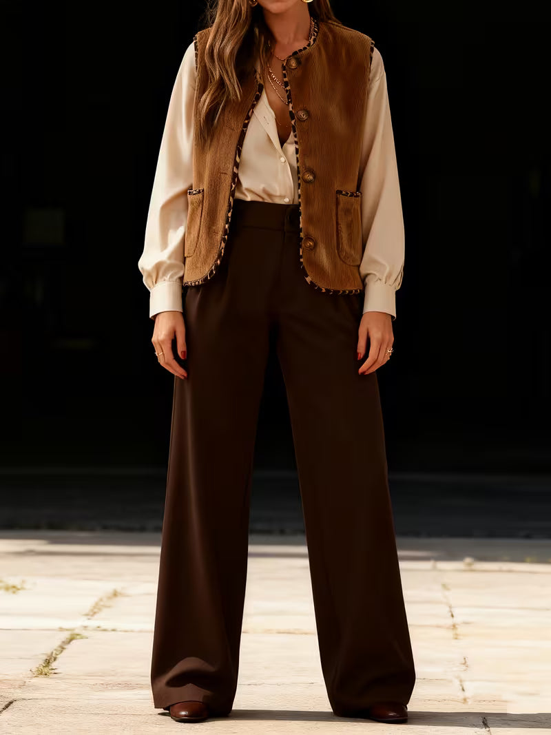 Women's Leopard Print Button-Front Sleeveless Blazer Jacket - Elegant Spring/Fall Outerwear with Open Collar, Machine Washable Coat for, Semi-Formal Events & Casual Outfits