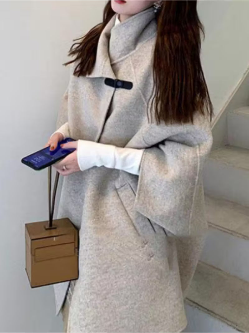 Women's Japanese Korean Style Cape Coat - Elegant Mid-Length Winter Coat with Hood-like Collar, Long Sleeve Korean Hanbok-Inspired Outerwear, Pockets & Smooth- (No Padding) for Fall & Winter, Casual to Formal Events