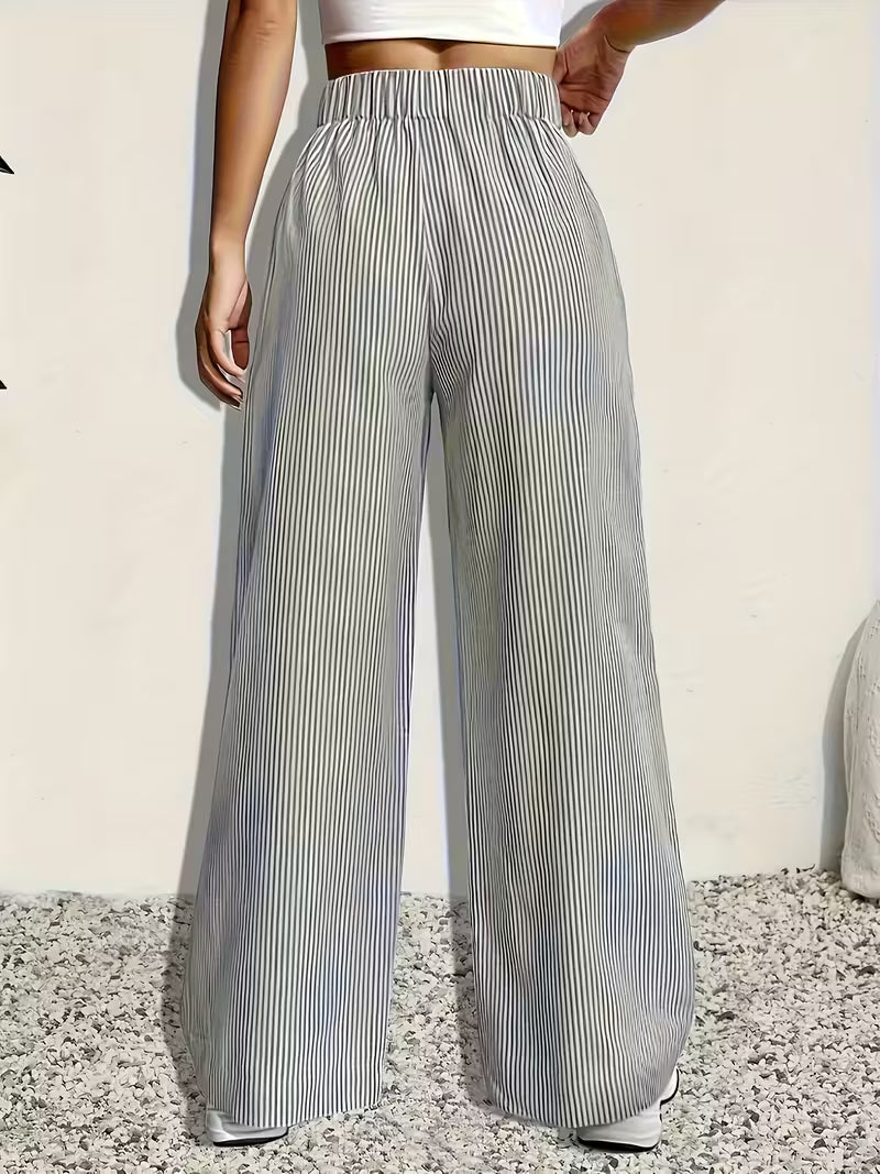 Striped Print Wide Leg Pants, Casual Elastic Waist Loose Pants for Spring & Summer, Women's Clothing