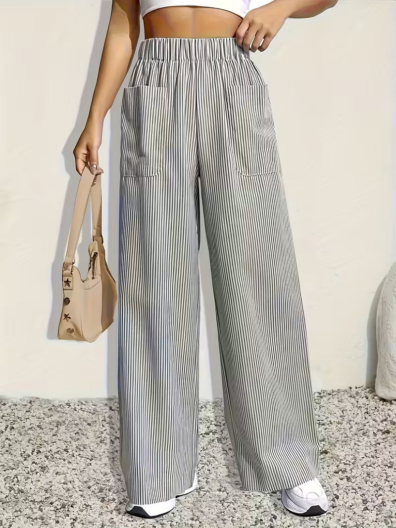 Striped Print Wide Leg Pants, Casual Elastic Waist Loose Pants for Spring & Summer, Women's Clothing