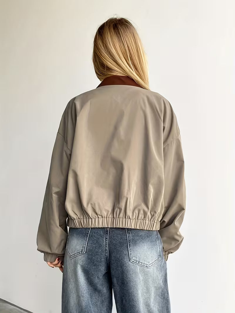 Lightweight Women's Casual Contrast Collar Short Jacket | Relaxed Fit Zip-Up Spring/Fall Coat with Pockets, Brown & White Color Block Design, Hand Washable, Breathable Material