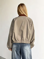 Lightweight Women's Casual Contrast Collar Short Jacket | Relaxed Fit Zip-Up Spring/Fall Coat with Pockets, Brown & White Color Block Design, Hand Washable, Breathable Material