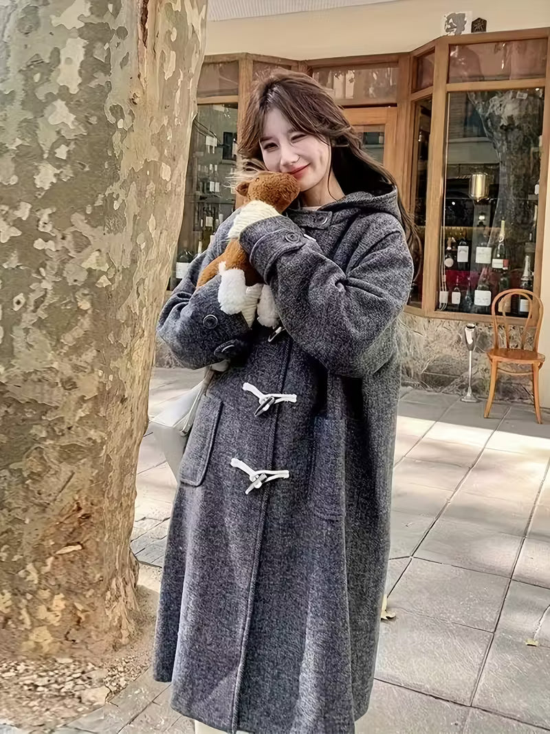 Women'S Chic Double-Breasted Tweed Coat - Thickened Autumn/Winter Outerwear with Button Details, Loose Fit, Solid Gray, Casual Style, Casual Outerwear | Buttoned Coat | Button Detailing