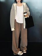 1pc Women's Oversized Striped Sweater Coat - Beige/Brown/White Horizontal Stripes Hooded Zipper Cardigan with Drawstring Collar, Relaxed Loose Fit Long Sleeve Coat for Spring & Fall, Machine Washable Casual Outerwear