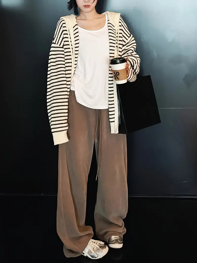 1pc Women's Oversized Striped Sweater Coat - Beige/Brown/White Horizontal Stripes Hooded Zipper Cardigan with Drawstring Collar, Relaxed Loose Fit Long Sleeve Coat for Spring & Fall, Machine Washable Casual Outerwear