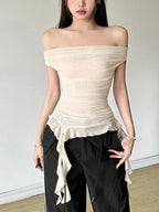 Women Off Shoulder Tops Solid Color Mesh Sheer Boat Neck Casual T-Shirts Summer Ruffles Slim Fit Shirts Streetwear