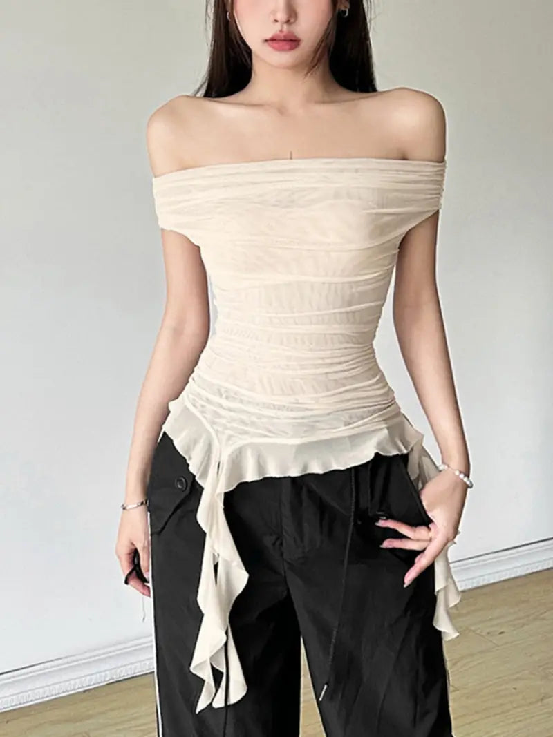Women Off Shoulder Tops Solid Color Mesh Sheer Boat Neck Casual T-Shirts Summer Ruffles Slim Fit Shirts Streetwear