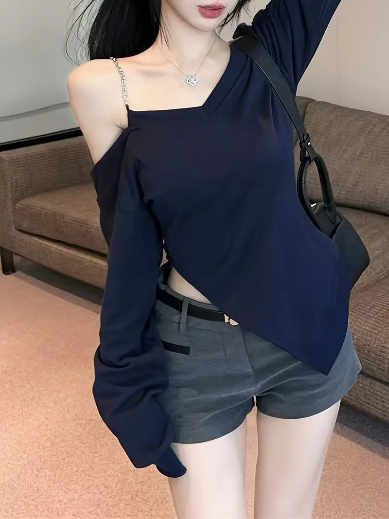 Dopamine Long-Sleeve V-Neck Top for Women, Vintage Pure Desire Sexy Off-Shoulder Asymmetrical Fitted with Pleats