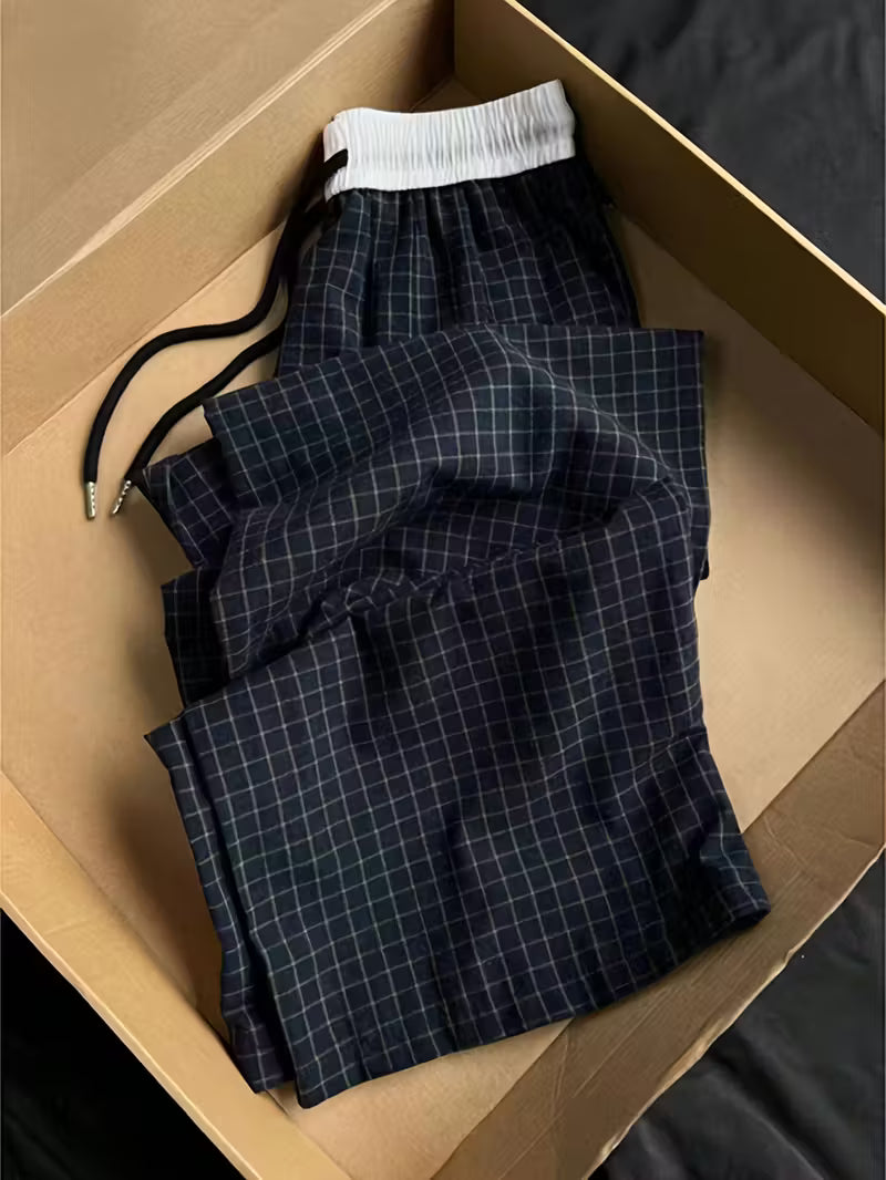 Women's Non-Stretch Pants - Elegant Casual Trousers with Drawstring Waist, Navy & Black Grid Pattern for Everyday Formal Outfits - Machine Washable Non-Stretchy Leg Pants, Summer Leisurewear, Smooth Texture Fabric