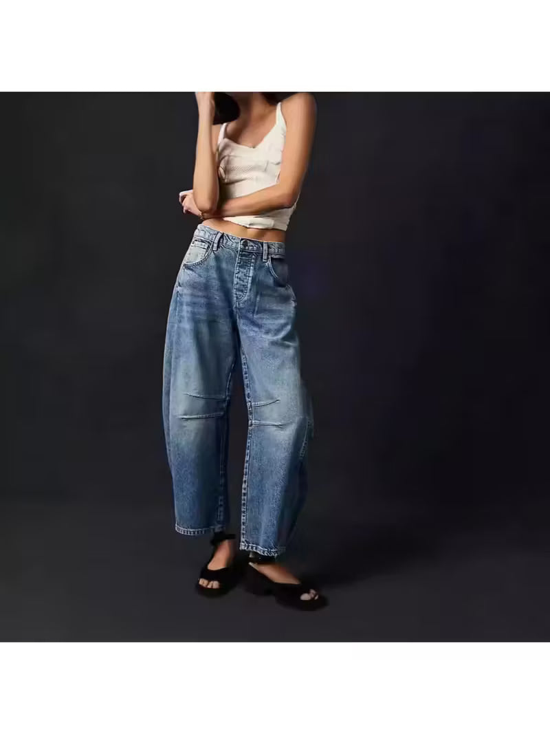 Loose Wide-Leg Pants Mid-Low Waist Washed Trousers Women