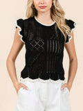 Womens Casual Knit Chic Contrast Ruffle Trim Diamond Pattern Sleeveless Crop Top Black White Scalloped Hem Round Neck Textured Summer Spring Party Evening Date Night Weekend