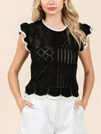 Womens Casual Knit Chic Contrast Ruffle Trim Diamond Pattern Sleeveless Crop Top Black White Scalloped Hem Round Neck Textured Summer Spring Party Evening Date Night Weekend