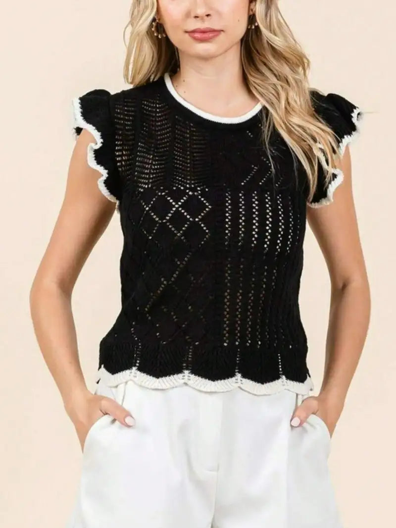 Womens Casual Knit Chic Contrast Ruffle Trim Diamond Pattern Sleeveless Crop Top Black White Scalloped Hem Round Neck Textured Summer Spring Party Evening Date Night Weekend