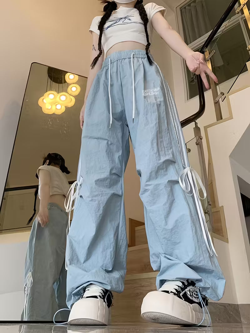 Quick-Dry Ice Sliky Fiber Fabric Bow Tie Wide-Leg Pants Women's Loose Fit Korean Style Straight Casual Long Trousers Ins Trend Design Slim-Fit Sports Pants