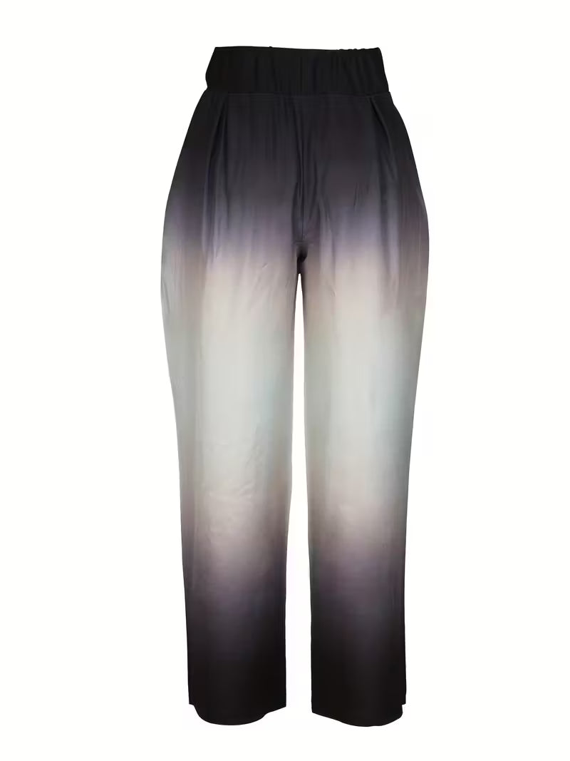 Women's Elegant Black to Gray Gradient Wide-Leg Pants with Adjustable Waistband & Pockets - Smooth Non-Stretch Fabric, All-Season Casual & Formal Trousers, Machine Washable Opaque Legwear for Work, Semi-Formal & Everyday Outfits
