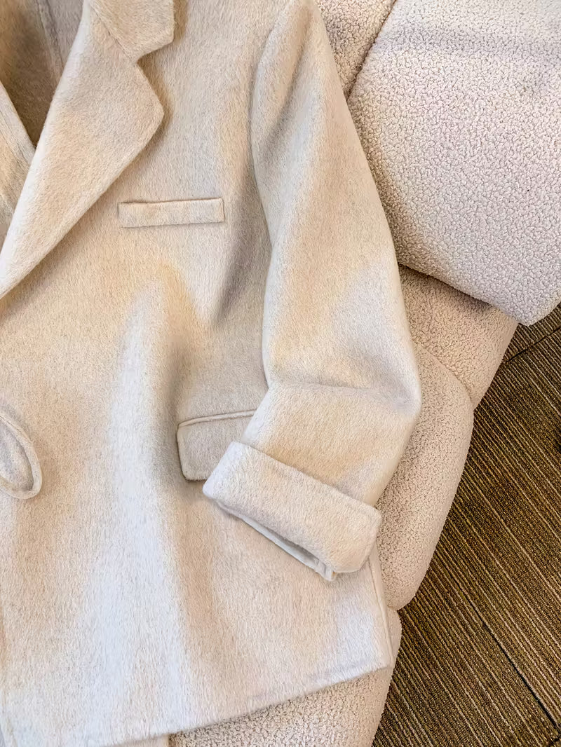 Women's Elegant White Wool Coat - Short Length Lapel Collar Tailored Winter Jacket with Belt