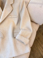 Women's Elegant White Wool Coat - Short Length Lapel Collar Tailored Winter Jacket with Belt
