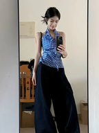 Women'S Elegant V-Neck Halter Top - Slim Fit Blue & White Gingham Check Tank Top with Bow Detail, All-Season Versatile Shirt for Casual & Formal Outfits