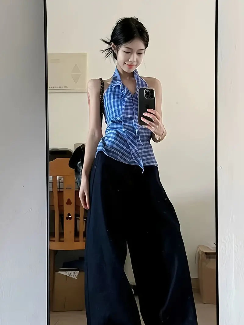 Women'S Elegant V-Neck Halter Top - Slim Fit Blue & White Gingham Check Tank Top with Bow Detail, All-Season Versatile Shirt for Casual & Formal Outfits