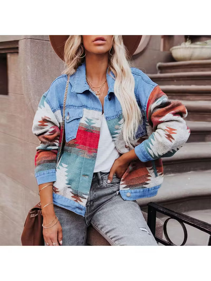 Women'S Vintage Washed Denim Jacket Short Top - Light & Color Block with Red Button Closure, Structured Non-Stretch Collar, Spring/Fall Casual Outerwear, Retro Western Style Layering Piece for Jeans & Dress Jeans Jacket for Women, Jeans Jacket for W