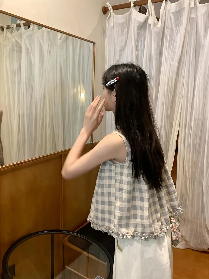 Women'S Sleeveless Blouse - Elegant Loose Fit Button-Front Shirt with Classic Checkered pattern, Non-See-Through Fabric for Casual & Formal Outfits - All-Season Everyday & Special Occasion Tops