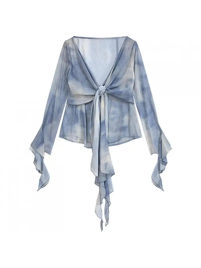 Women's French V-Neck Tie-Dye Blouse - Blue Ombre Long Sleeve Shirt with Ruffled Collar & Striped Pattern