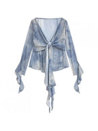 Women's French V-Neck Tie-Dye Blouse - Blue Ombre Long Sleeve Shirt with Ruffled Collar & Striped Pattern