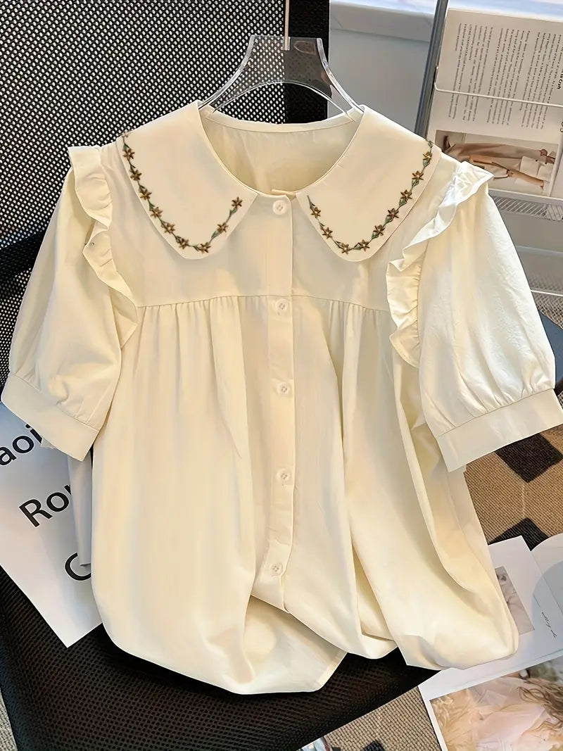 Women'S Elegant Floral Embroidered Blouse - Lightweight Polyester, Button-Up Shirt with Ruffled Collar & Cuffs, Perfect for Spring/Summer Vacations, Casual to Formal Wear, Casual Formal Blouse | Floral Embroidery Shirt | Stylish Embroidery